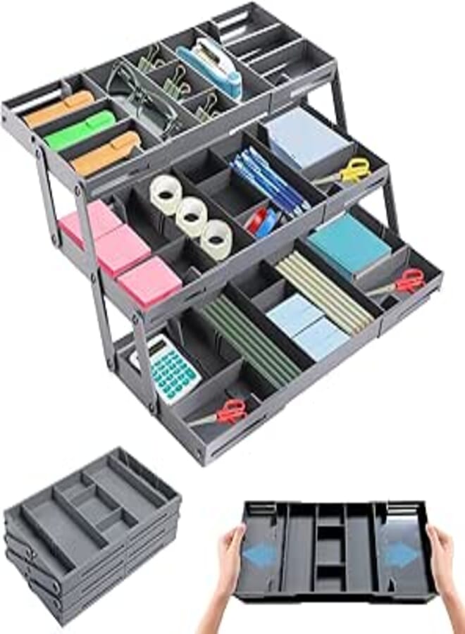 3 Tier Drawer Organizer Smart Collapsible Desk Organizer Multi Level Expandable Junk Drawer Organizer Storage Tray for Makeup, Jewelry, Office Supplies, Kitchen Gadgets (1 Row with 3-Tier)